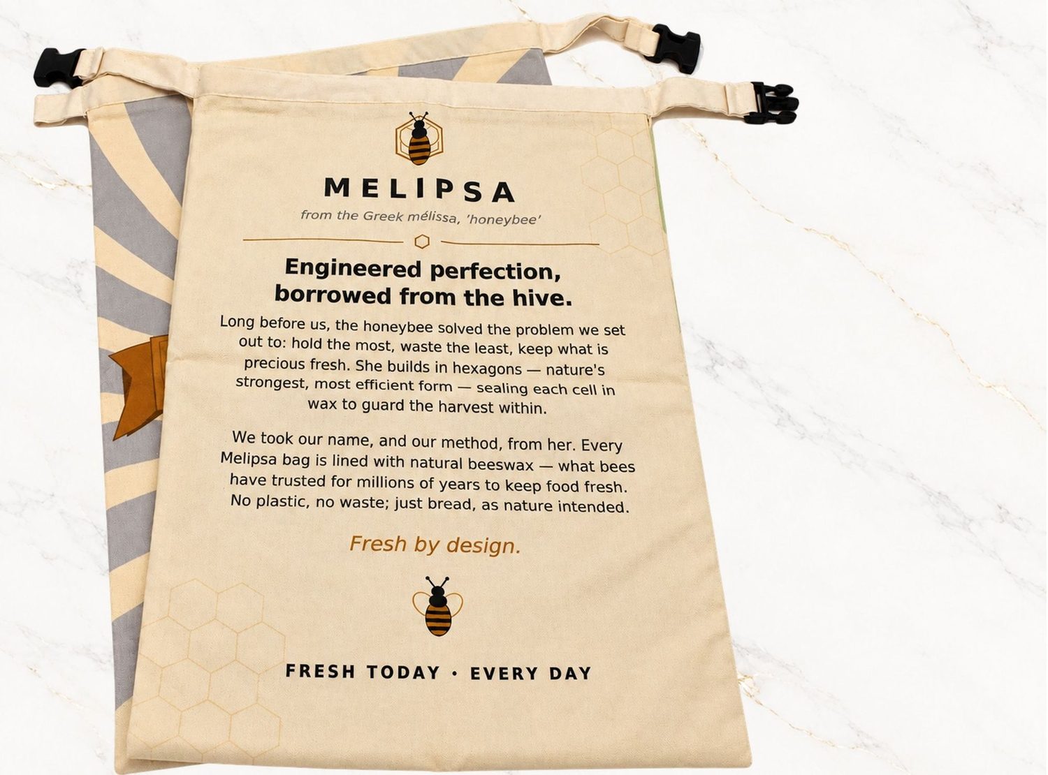 The reverse of a Melipsa bread bag, printed with the brand story