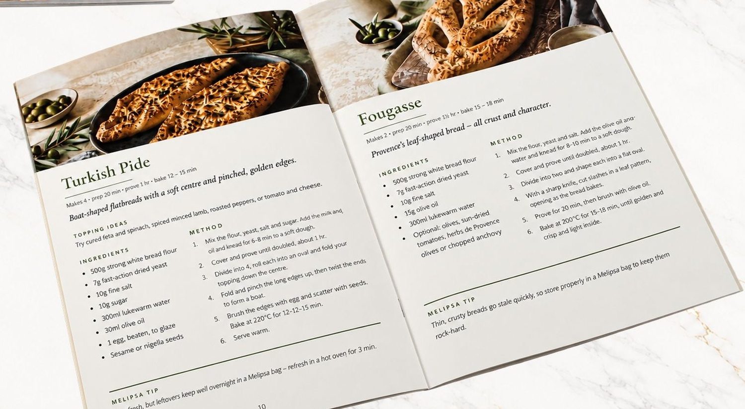 The Breads of the Mediterranean recipe book, open at the Turkish Pide and Fougasse recipes