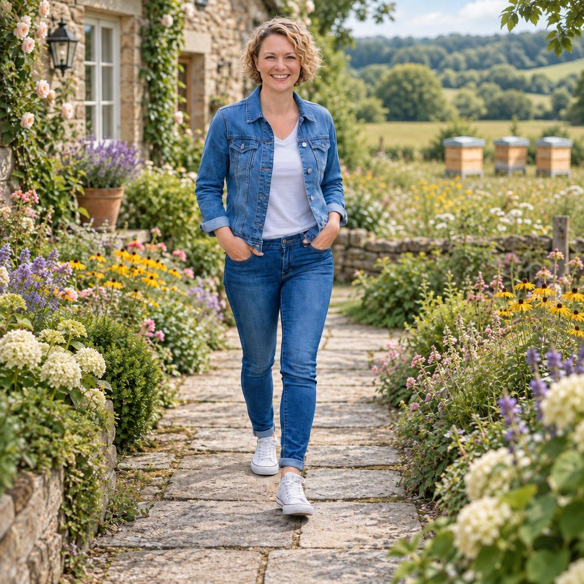 Lynne, the founder of Melipsa, walking through a cottage garden with beehives beyond