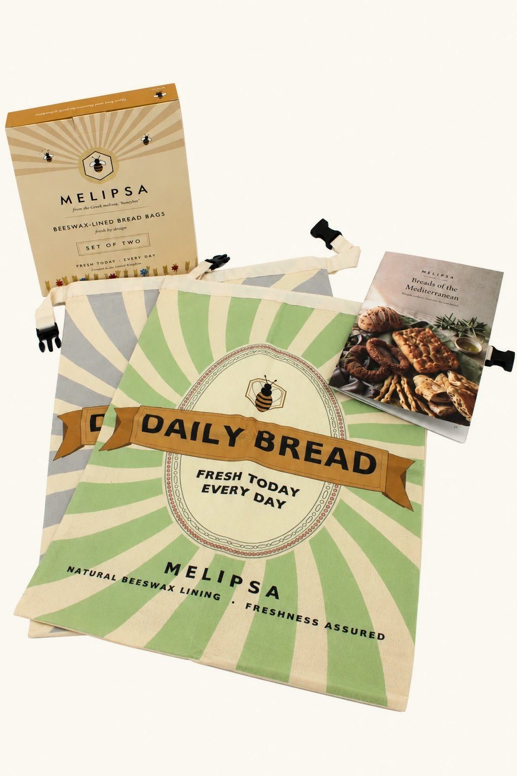 The complete Melipsa set: printed gift carton, two bread bags and the Breads of the Mediterranean recipe book